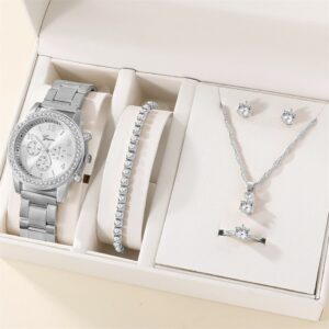 Conjunto de 6 peças de relógio de luxo feminino, anel, colar, brinco