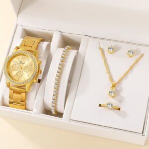 Conjunto de 6 peças de relógio de luxo feminino, anel, colar, brinco
