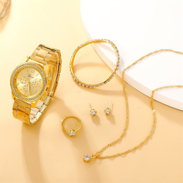 Conjunto de 6 peças de relógio de luxo feminino, anel, colar, brinco - Image 4