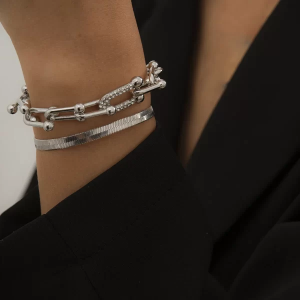 Pulseiras Elegante de metal punk em forma de U bracelete de cristal - Image 2